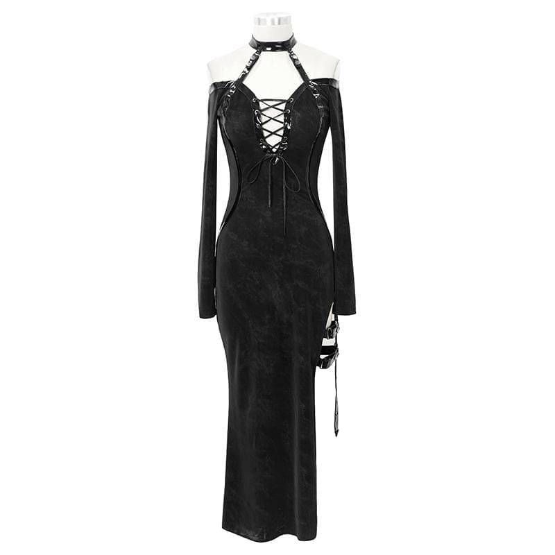 DEVIL FASHION Women's Gothic Lace-up Fitted Irregular Halter Dresses