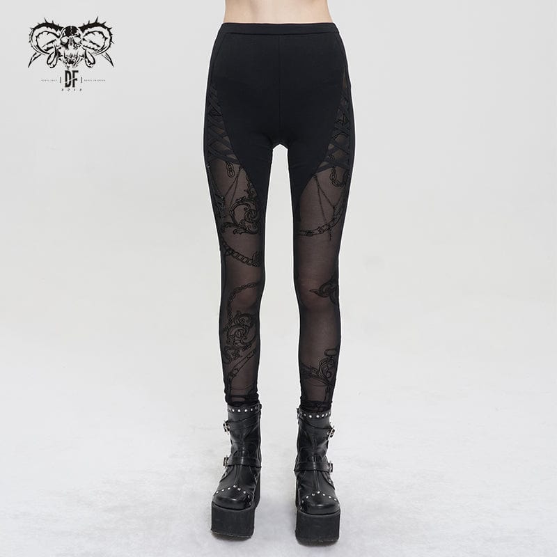 DEVIL FASHION Women's Gothic Mesh Splice Chain Leggings