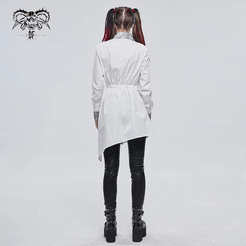 Women's Gothic Mesh Splice Irregular Ruched Shirt White