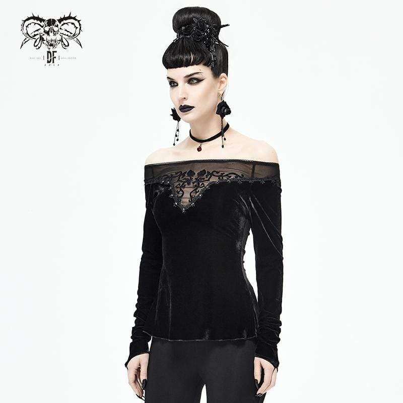 Women's Gothic Off Shoulder Floral Embroidered Black Top