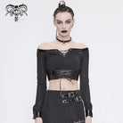 Women's Gothic Off Shoulder Lace-up Faux Leather Detailed Crop Top