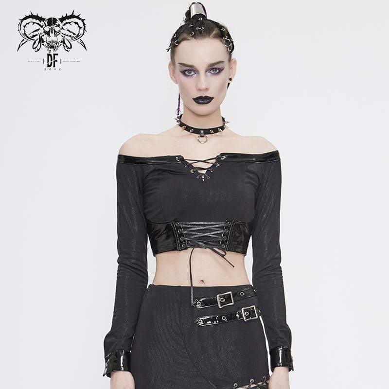 Women's Gothic Off Shoulder Lace-up Faux Leather Detailed Crop Top