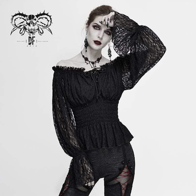 DEVIL FASHION Women's Gothic Off-shoulder Strappy Lace Sleeve  Tops