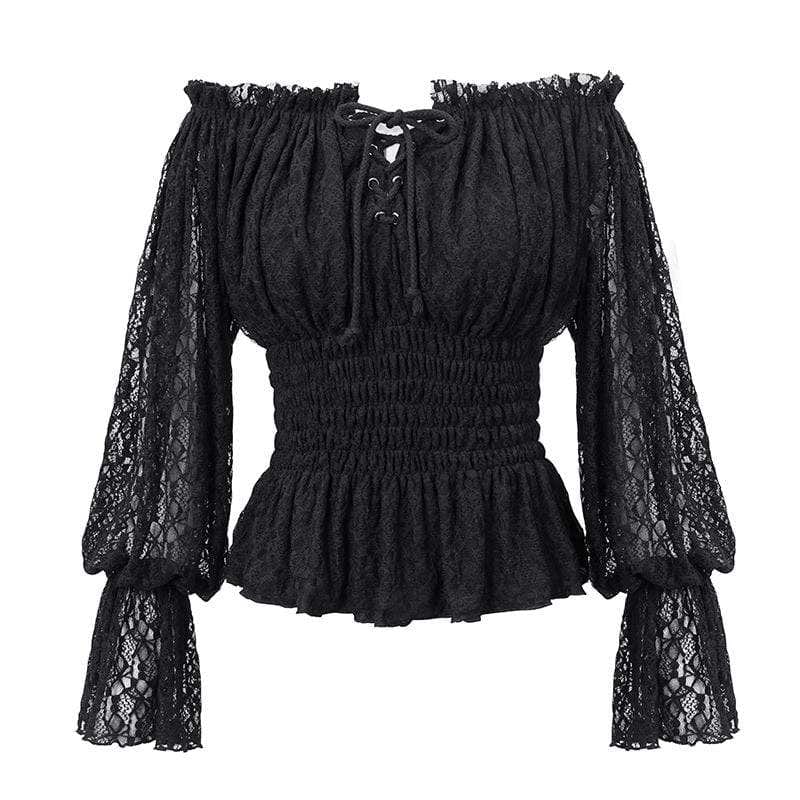 DEVIL FASHION Women's Gothic Off-shoulder Strappy Lace Sleeve  Tops