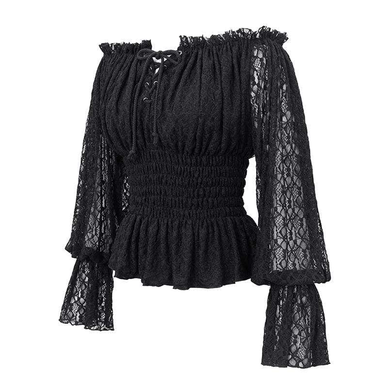 DEVIL FASHION Women's Gothic Off-shoulder Strappy Lace Sleeve  Tops