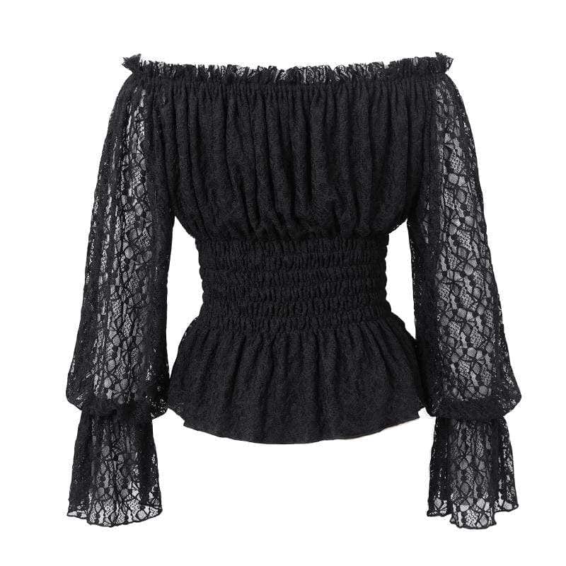 DEVIL FASHION Women's Gothic Off-shoulder Strappy Lace Sleeve  Tops