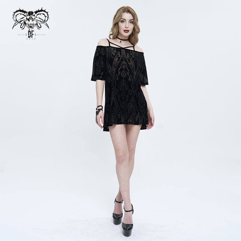 DEVIL FASHION Women's Gothic Off Shoulder Totem Printed Dress