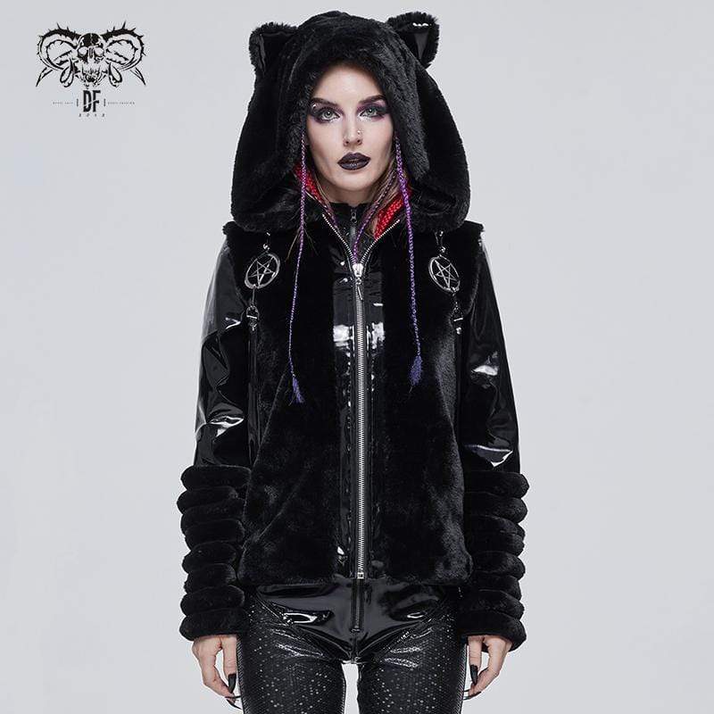 Women's Gothic Pentagram Splice Jacket with Ears Hood