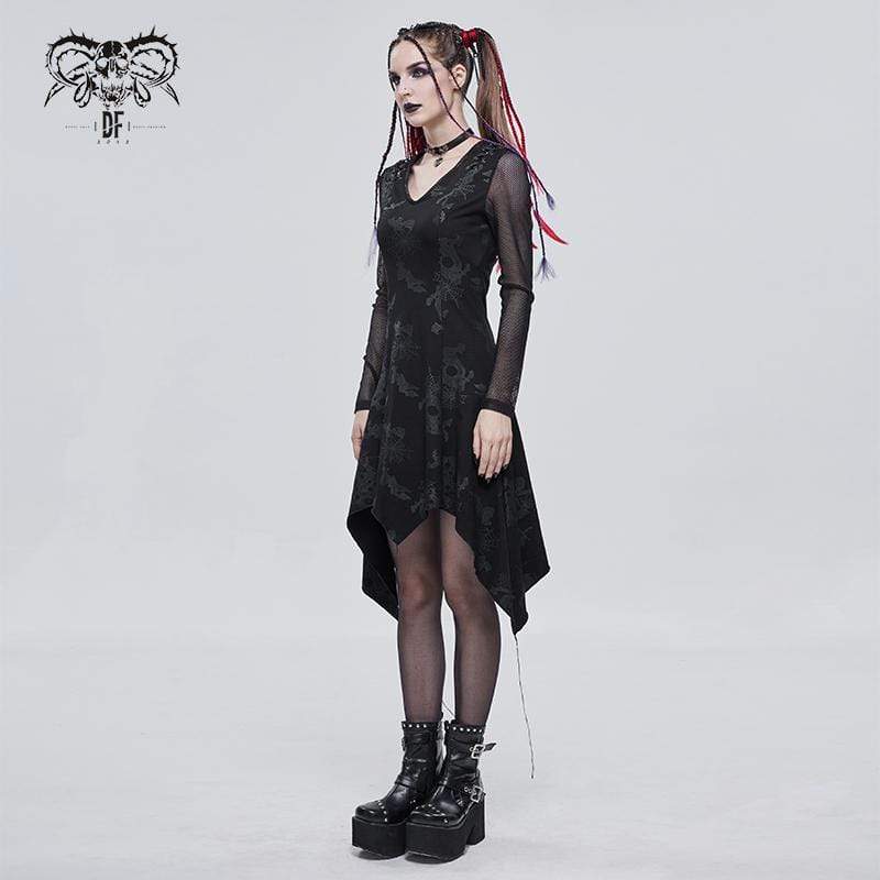 Women's Gothic Plunging Cobweb Printed Irregular Dress