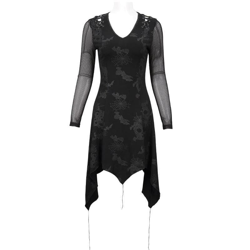 Women's Gothic Plunging Cobweb Printed Irregular Dress