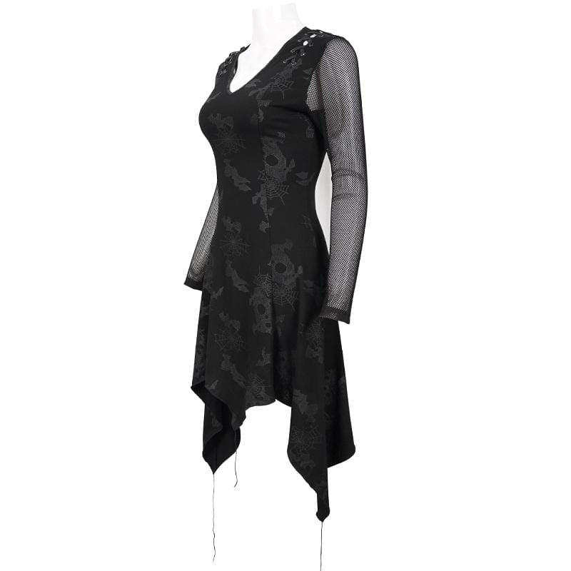 Women's Gothic Plunging Cobweb Printed Irregular Dress