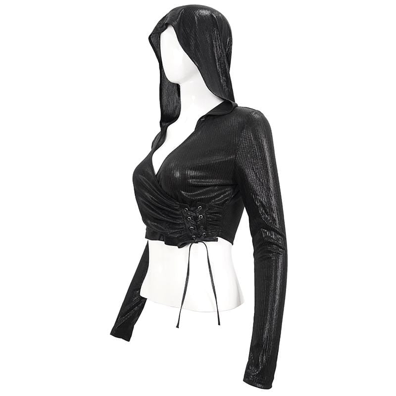 Women's Gothic Plunging Drawstring Crop Top with Hood