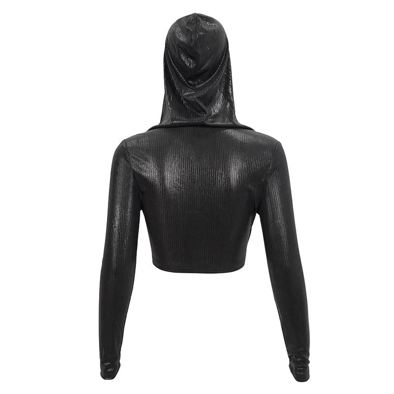 Women's Gothic Plunging Drawstring Crop Top with Hood