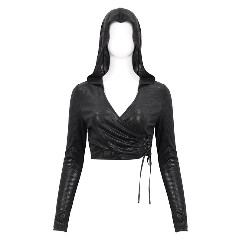 Women's Gothic Plunging Drawstring Crop Top with Hood