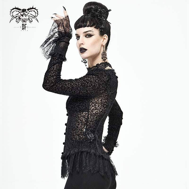 Women's Gothic Plunging Lace Splice Black Blouse