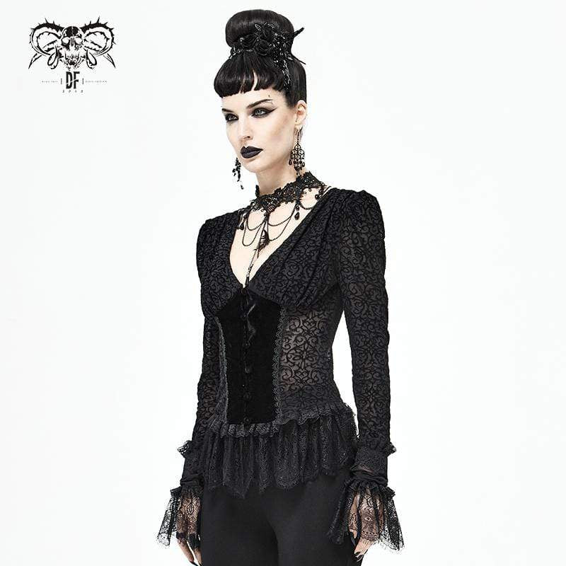 Women's Gothic Plunging Lace Splice Black Blouse