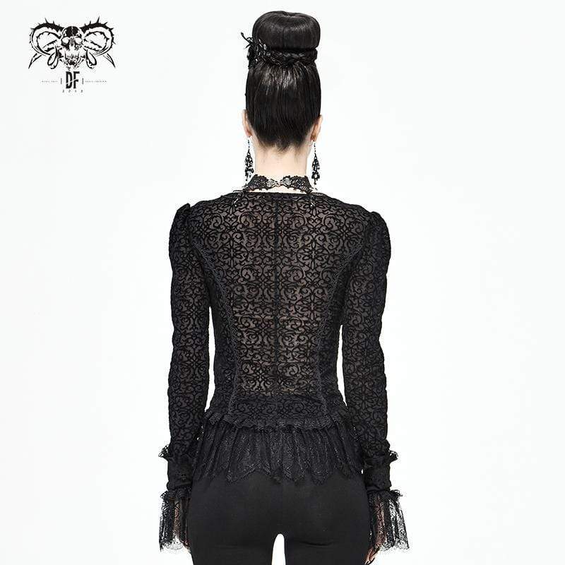 Women's Gothic Plunging Lace Splice Black Blouse