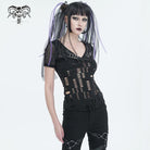 DEVIL FASHION Women's Gothic Plunging Ripped Mesh Shirt