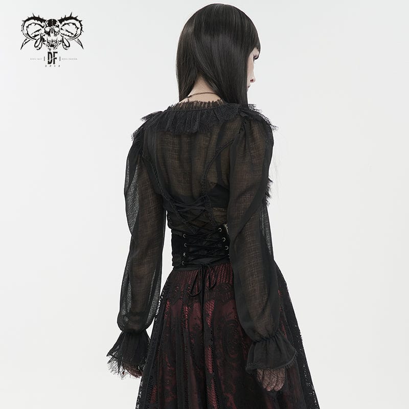 DEVIL FASHION Women's Gothic Plunging Ruffled Sheer Shirt Black