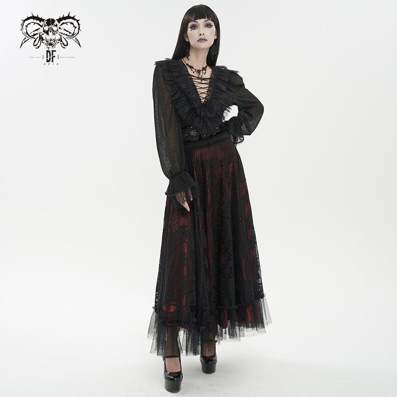 DEVIL FASHION Women's Gothic Plunging Ruffled Sheer Shirt Black