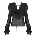 DEVIL FASHION Women's Gothic Plunging Ruffled Sheer Shirt Black