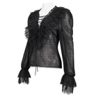 DEVIL FASHION Women's Gothic Plunging Ruffled Sheer Shirt Black