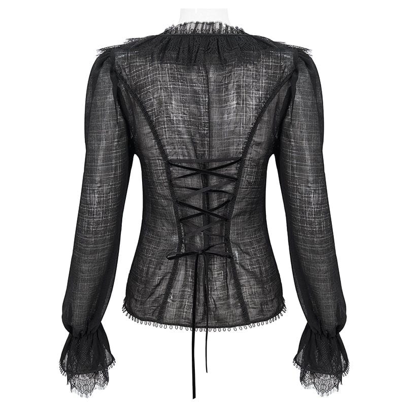 DEVIL FASHION Women's Gothic Plunging Ruffled Sheer Shirt Black