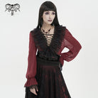 DEVIL FASHION Women's Gothic Plunging Ruffled Sheer Shirt Red
