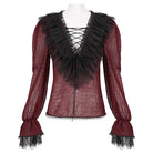 DEVIL FASHION Women's Gothic Plunging Ruffled Sheer Shirt Red