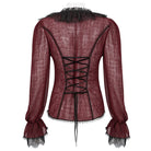 DEVIL FASHION Women's Gothic Plunging Ruffled Sheer Shirt Red