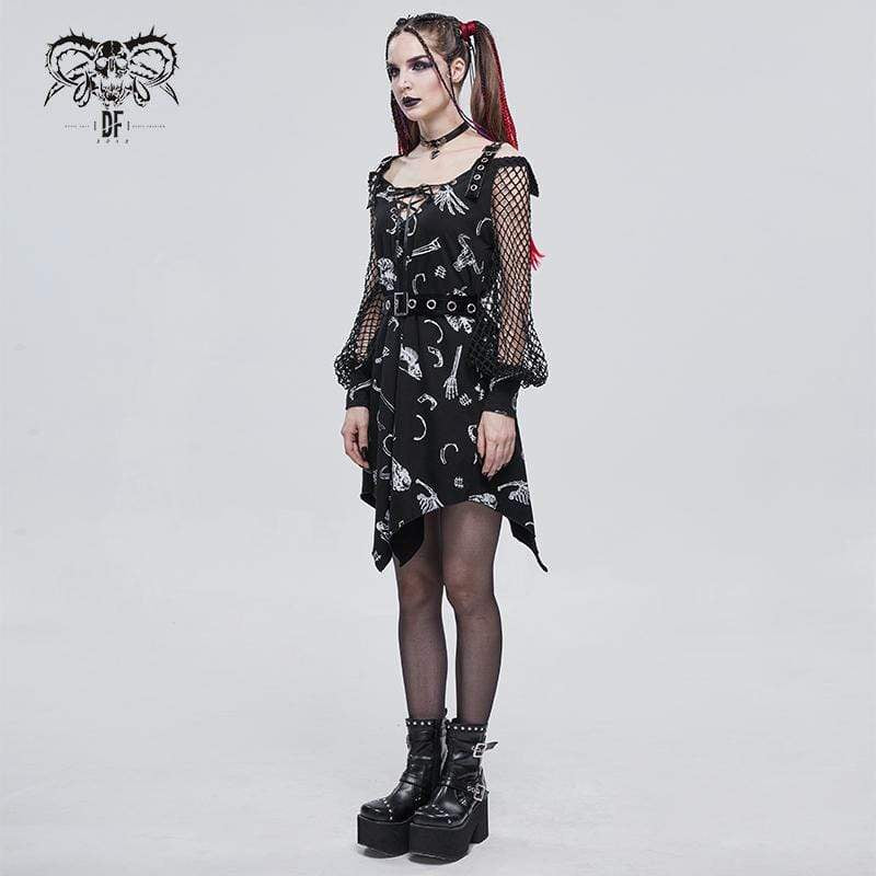 Women's Gothic Puff Sleeved Buckles Irregular Dress