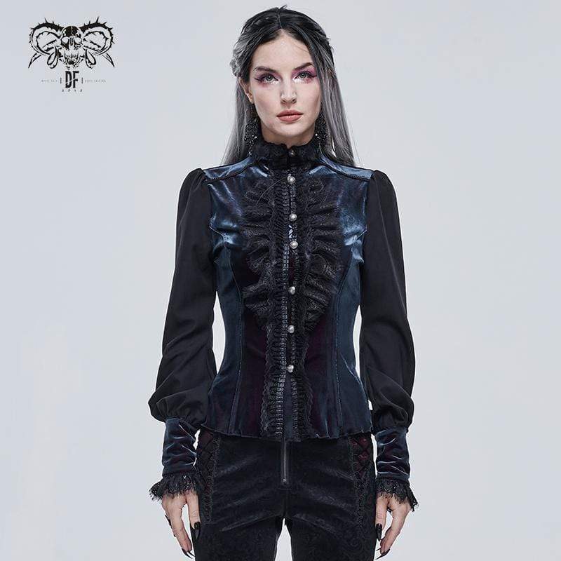 DEVIL FASHION Women's Gothic Puff Sleeved Lace Splice Shirt