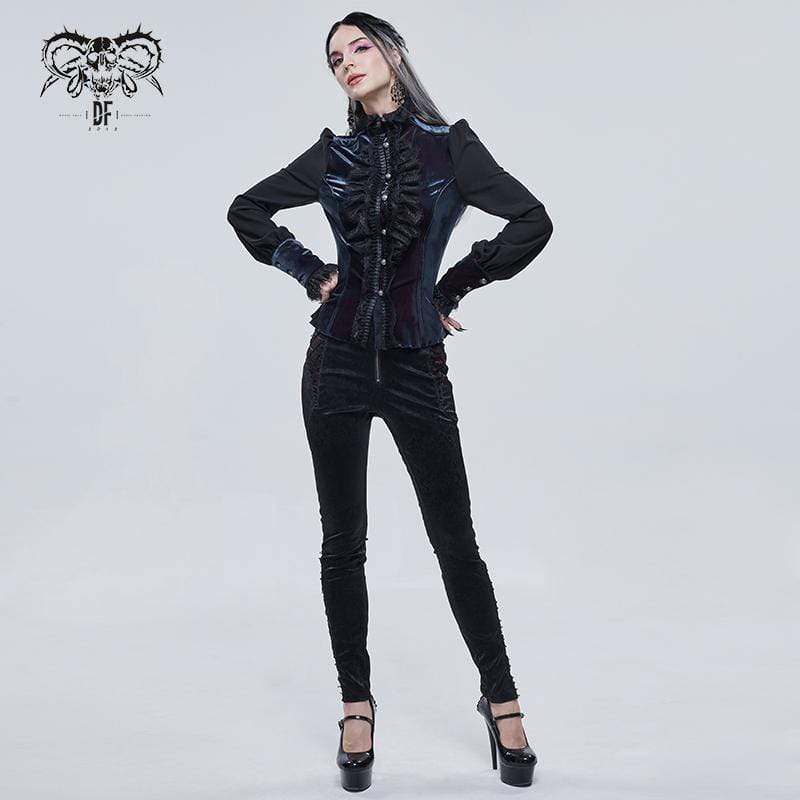 DEVIL FASHION Women's Gothic Puff Sleeved Lace Splice Shirt