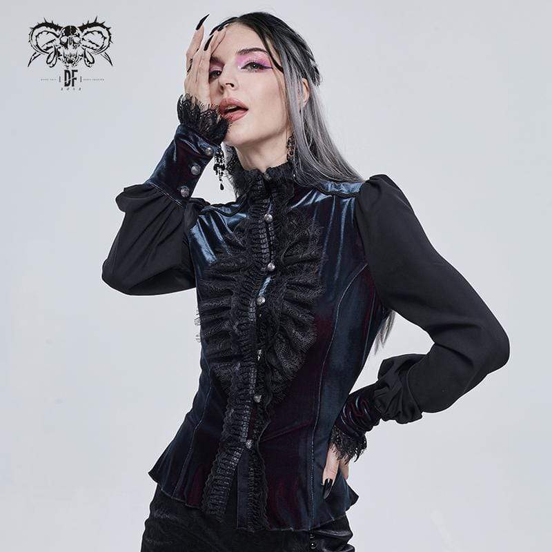 DEVIL FASHION Women's Gothic Puff Sleeved Lace Splice Shirt