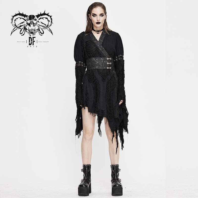DEVIL FASHION Women's Gothic Ripped kimonos With Chinese Button Belt