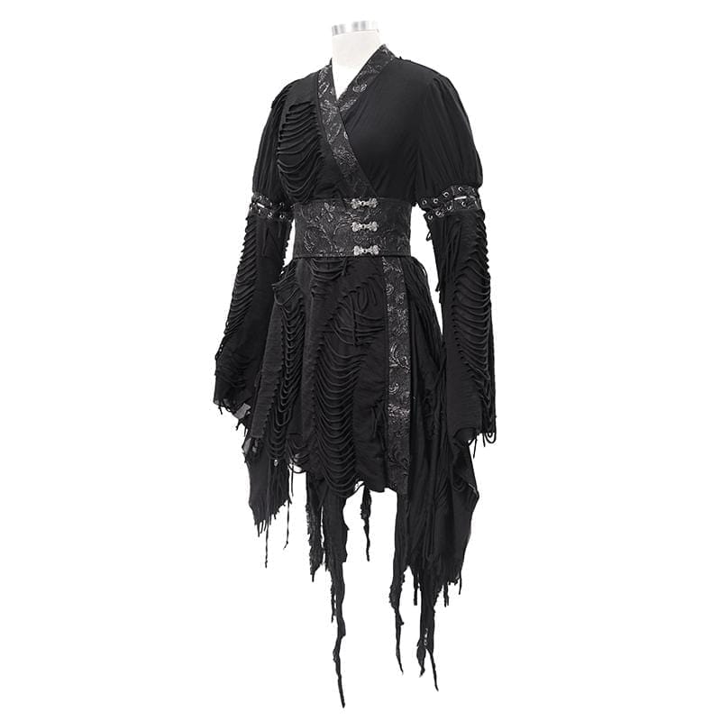 DEVIL FASHION Women's Gothic Ripped kimonos With Chinese Button Belt