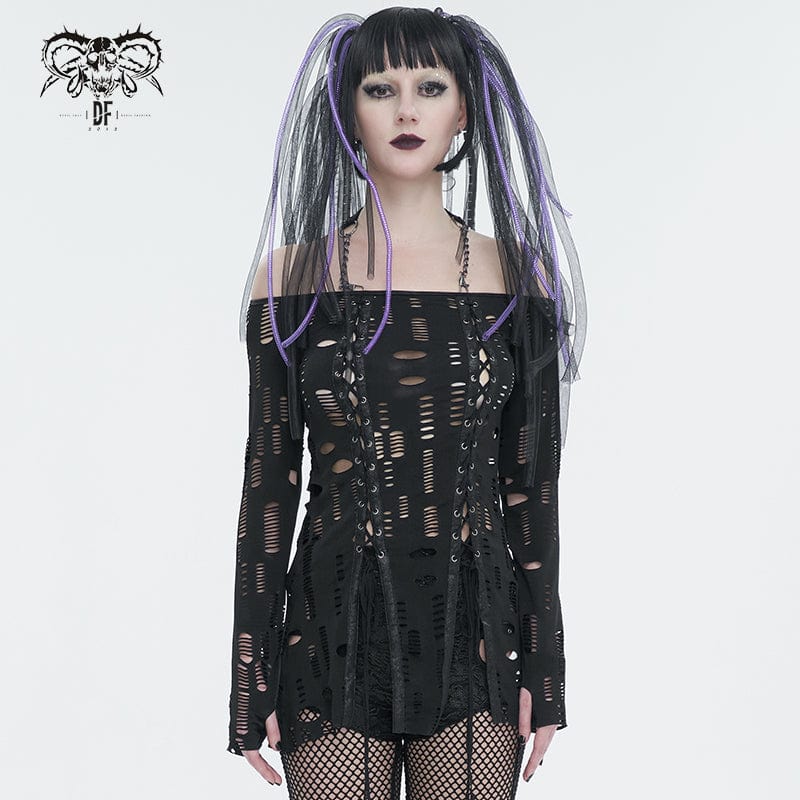 DEVIL FASHION Women's Gothic Ripped Split Halterneck Shirt