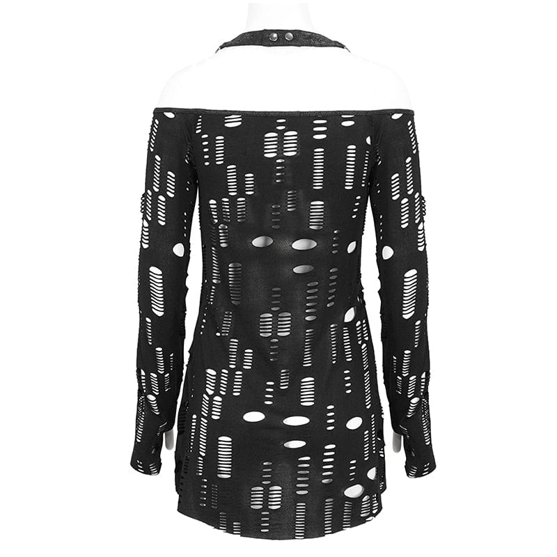 DEVIL FASHION Women's Gothic Ripped Split Halterneck Shirt