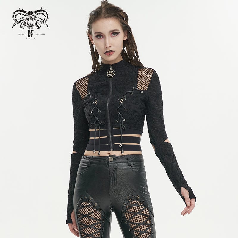 DEVIL FASHION Women's Gothic Ruched Strap Splice Mesh Shirt