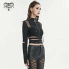 DEVIL FASHION Women's Gothic Ruched Strap Splice Mesh Shirt