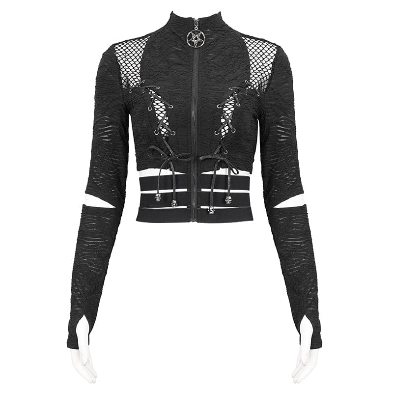 DEVIL FASHION Women's Gothic Ruched Strap Splice Mesh Shirt