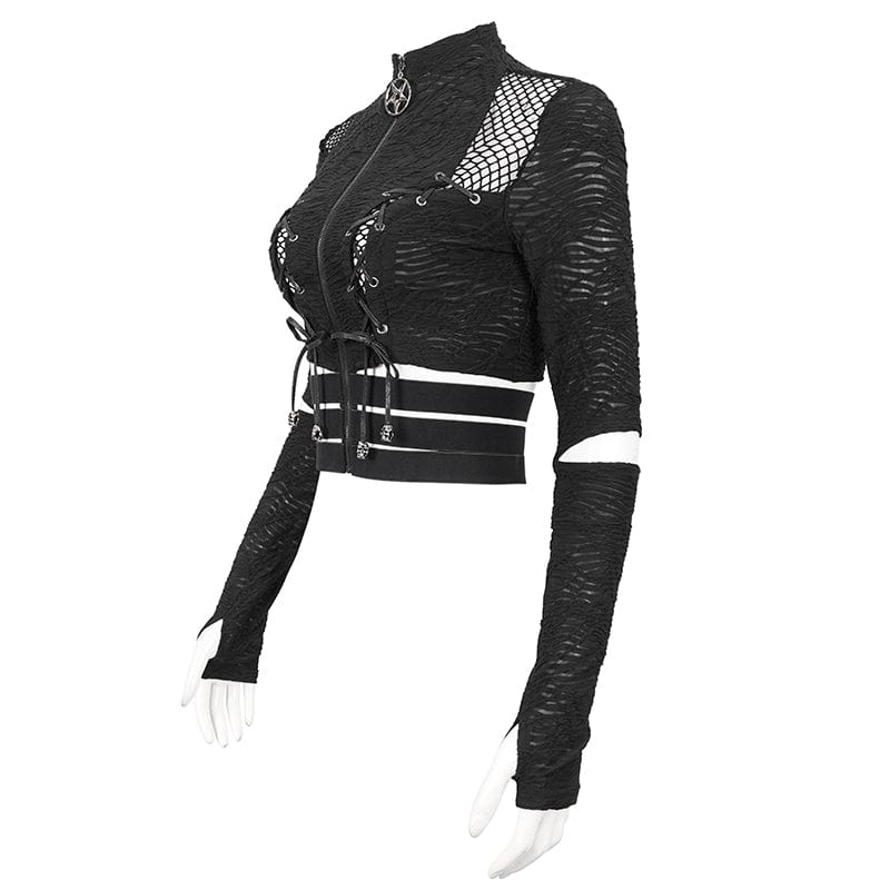 DEVIL FASHION Women's Gothic Ruched Strap Splice Mesh Shirt