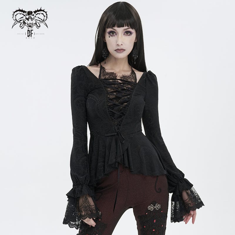 DEVIL FASHION Women's Gothic Ruffled Lace Splice Shirt