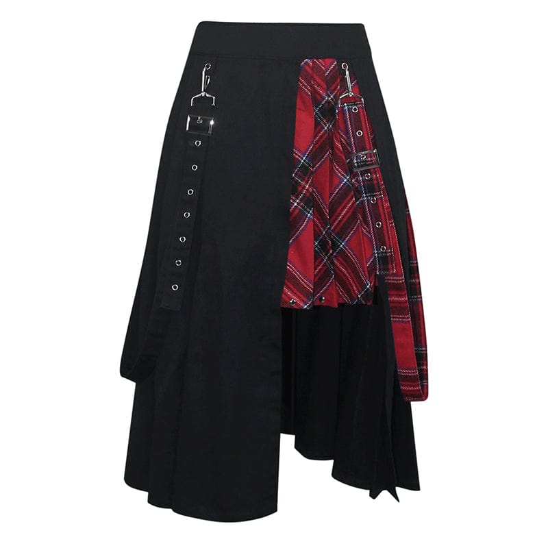 DEVIL FASHION Women's Gothic Side Slit Red Plaid Skirt with Strap