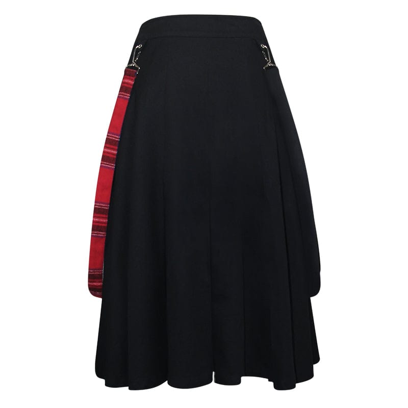 DEVIL FASHION Women's Gothic Side Slit Red Plaid Skirt with Strap