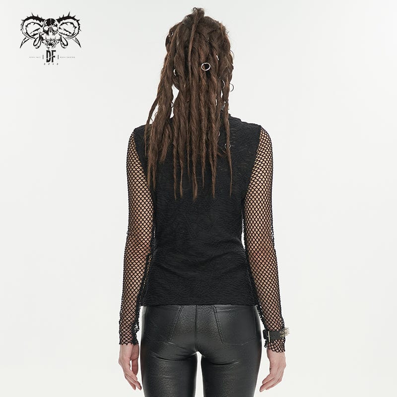 DEVIL FASHION Women's Gothic Skulls Mesh Splice Shirt