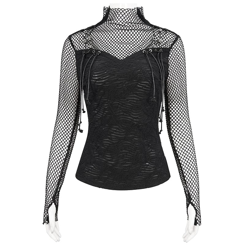 DEVIL FASHION Women's Gothic Skulls Mesh Splice Shirt