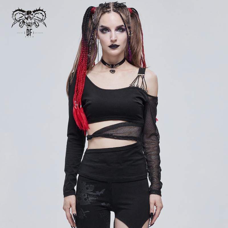 Women's Gothic Slash Shoulder Mesh Splice Top