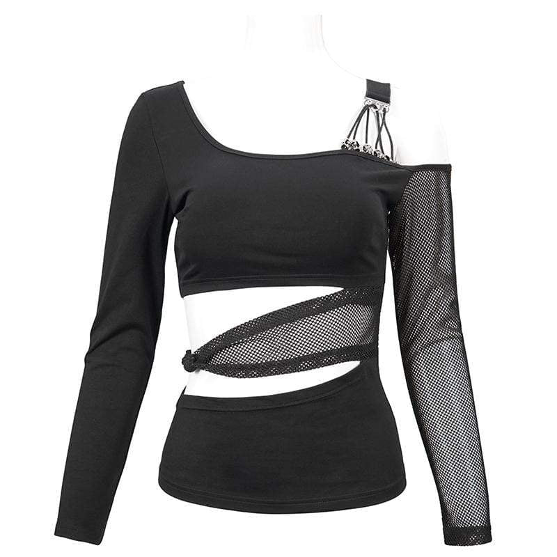 Women's Gothic Slash Shoulder Mesh Splice Top