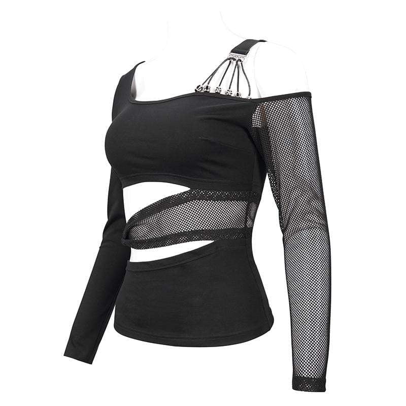 Women's Gothic Slash Shoulder Mesh Splice Top